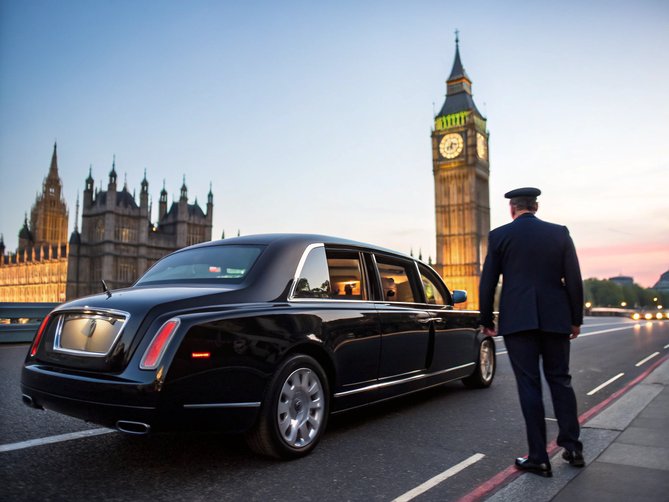 Chauffeur-driven tour vehicle in historic London