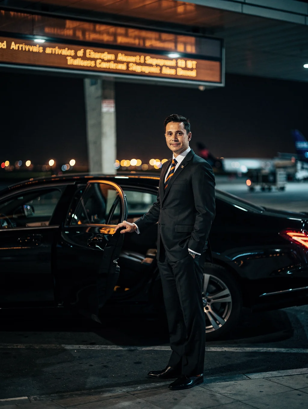 Professional chauffeur waiting at London terminal for meet and greet service