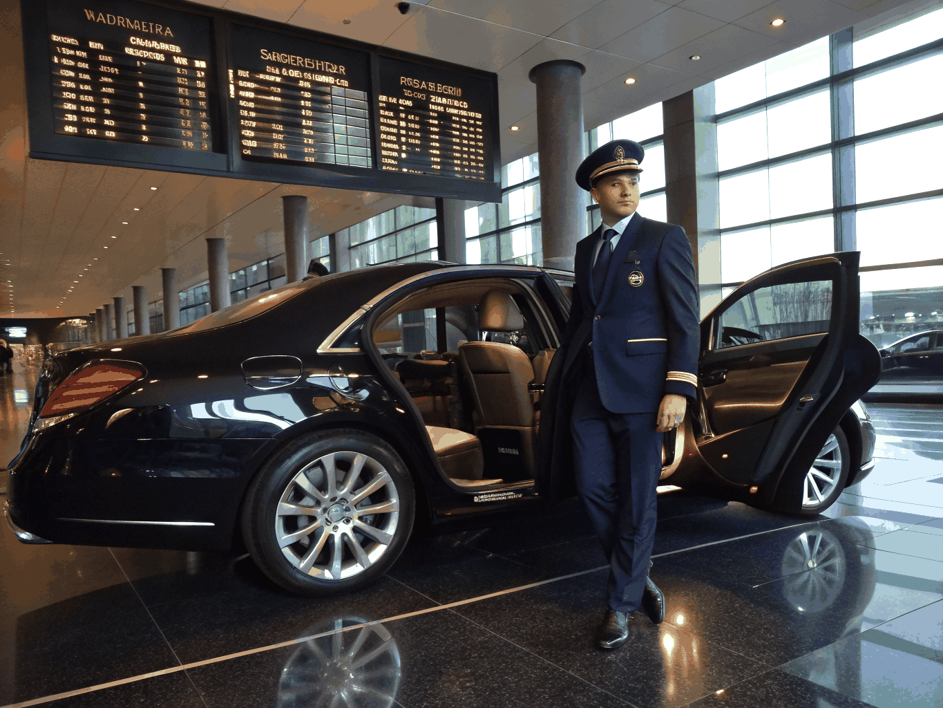 Professional chauffeur waiting at a luxury terminal